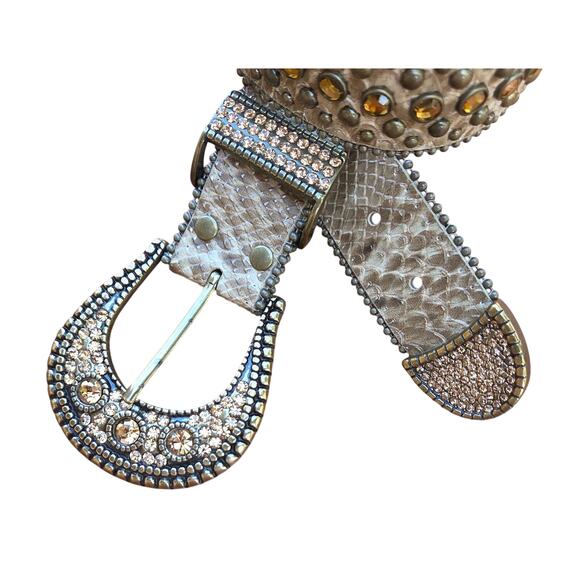 Chico’s Snake Print Leather Belt Small Rhinestone Western Glam Rodeo Y2K Boho - Picture 2 of 6